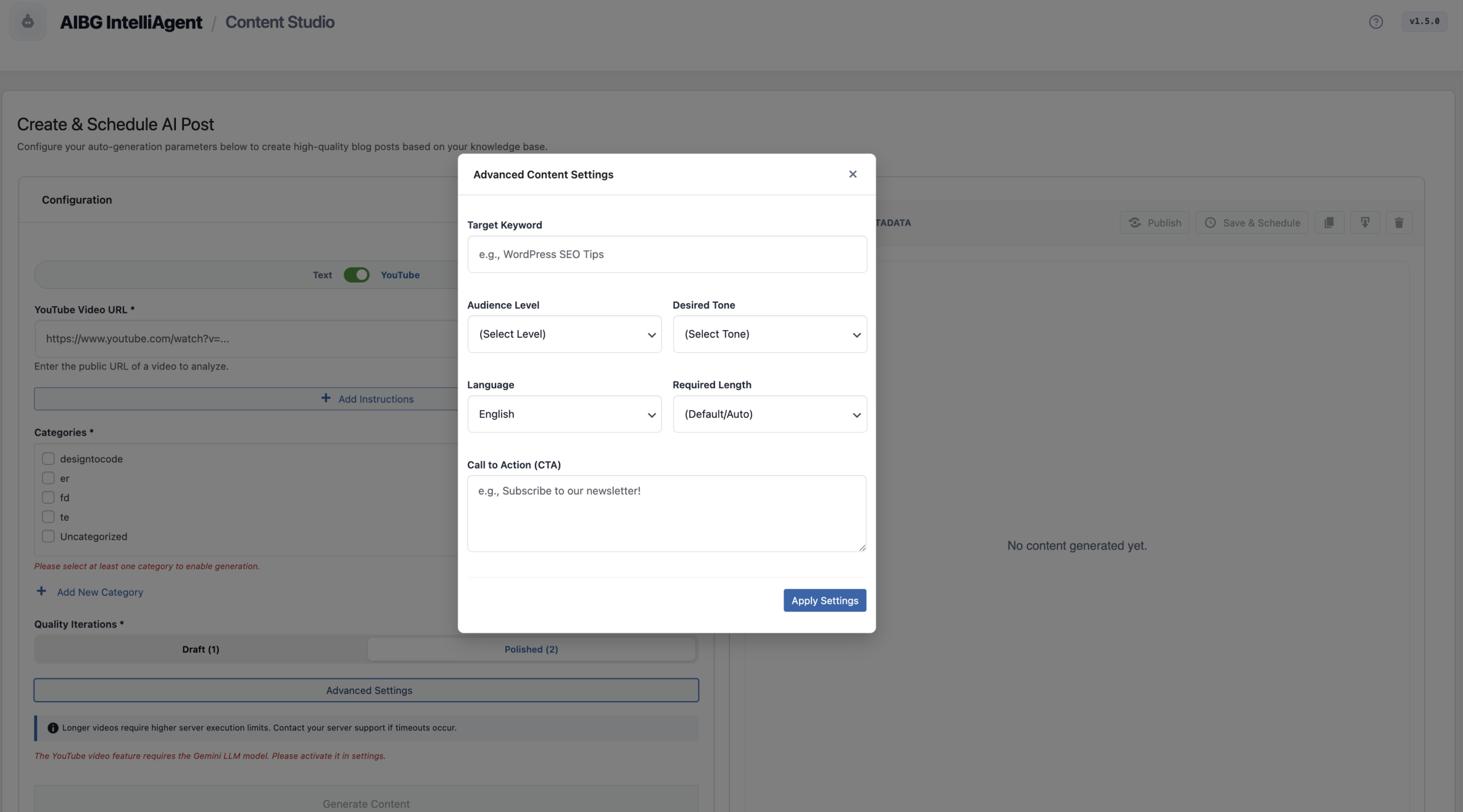 Advanced Content Settings Modal
