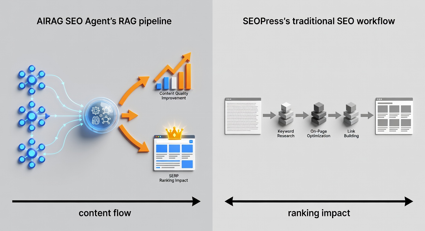 A clean comparison diagram showing AIRAG pSEO Agent's RAG pipeline on the left versus SEOPress's traditional SEO workflow on the right, with arrows indicating content flow and ranking impact.