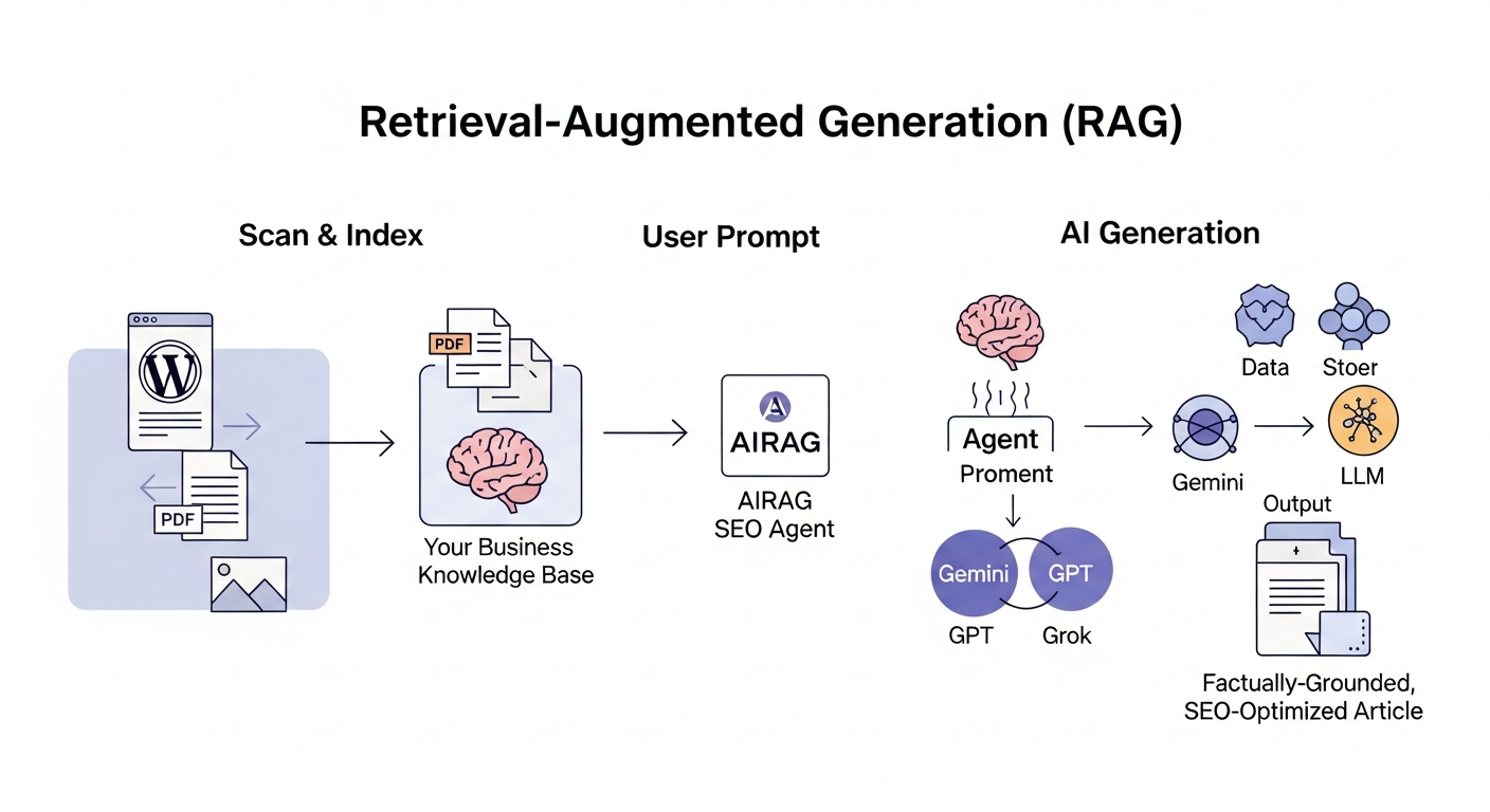 A clean, modern diagram illustrating the Retrieval-Augmented Generation (RAG) process. It should show three main steps: 1. 'Scan & Index' with icons for a WordPress page, a PDF document, and an image, pointing to a central 'Your Business Knowledge Base' brain icon. 2. 'User Prompt' pointing to the AIRAG pSEO Agent. 3. 'AI Generation' where the Agent pulls data from the Knowledge Base to 'Augment' the prompt before sending it to an LLM (represented by icons for Gemini, GPT, Grok), resulting in a 'Factually-Grounded, SEO-Optimized Article'.