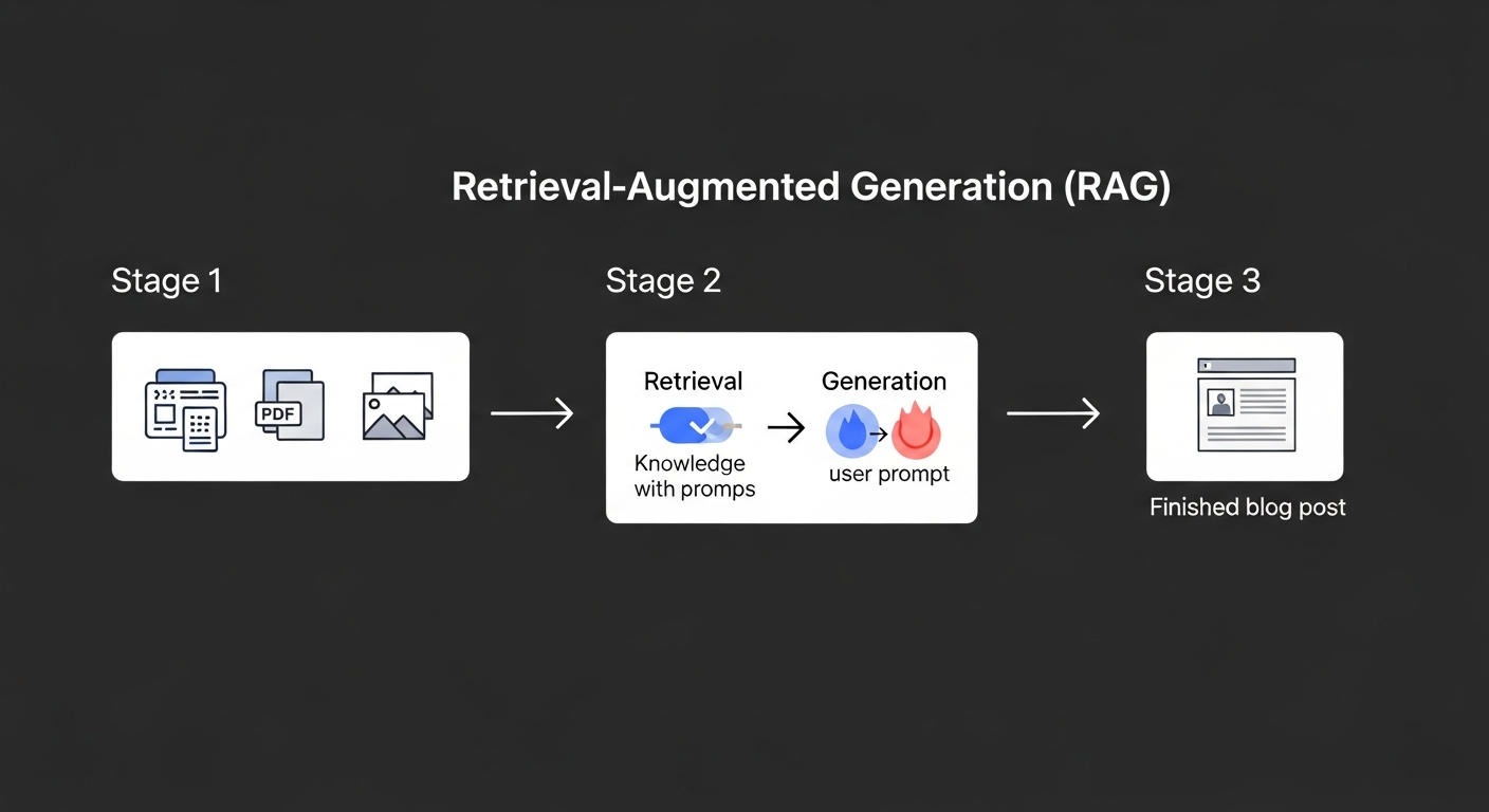 A clear diagram illustrating the Retrieval-Augmented Generation (RAG) process. The diagram shows three stages from left to right. Stage 1 is labeled 'Your Knowledge Base' and has icons for Website Pages, PDFs, and Images. An arrow points to Stage 2, labeled 'AIRAG pSEO Agent Engine,' which shows 'Retrieval' and 'Generation' processes combining the knowledge with a user prompt. An arrow points from this to Stage 3, labeled 'Factually-Grounded SEO Content,' represented by a finished blog post icon.