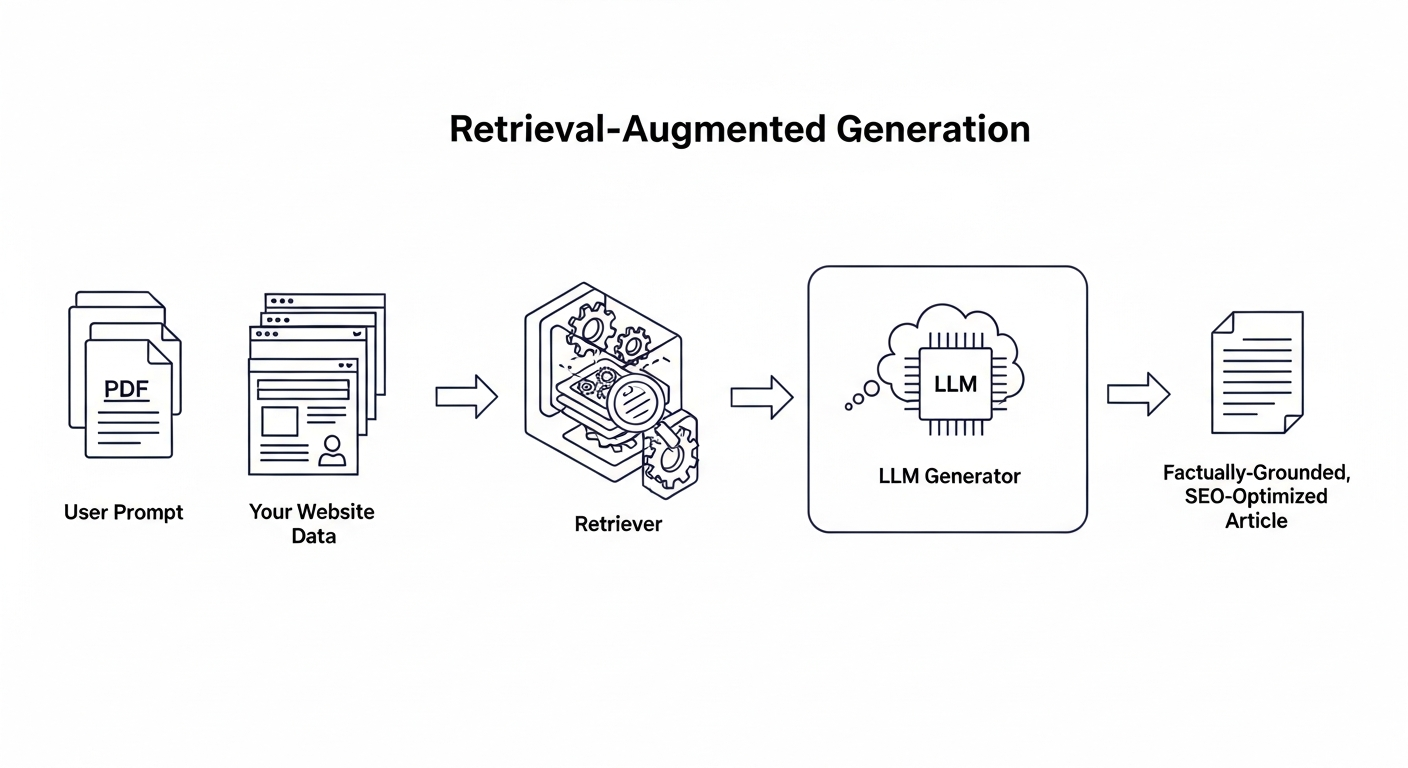 A clear diagram illustrating the Retrieval-Augmented Generation (RAG) workflow. On the left, show icons for 'User Prompt' and 'Your Website Data (PDFs, Pages)'. Arrows point to a central box labeled 'AIRAG pSEO Agent'. Inside this box, a 'Retriever' module is shown finding relevant facts from the website data. An arrow leads to the 'LLM Generator (GPT/Gemini)' which combines the prompt and the retrieved facts to produce the final 'Factually-Grounded, SEO-Optimized Article' on the right.