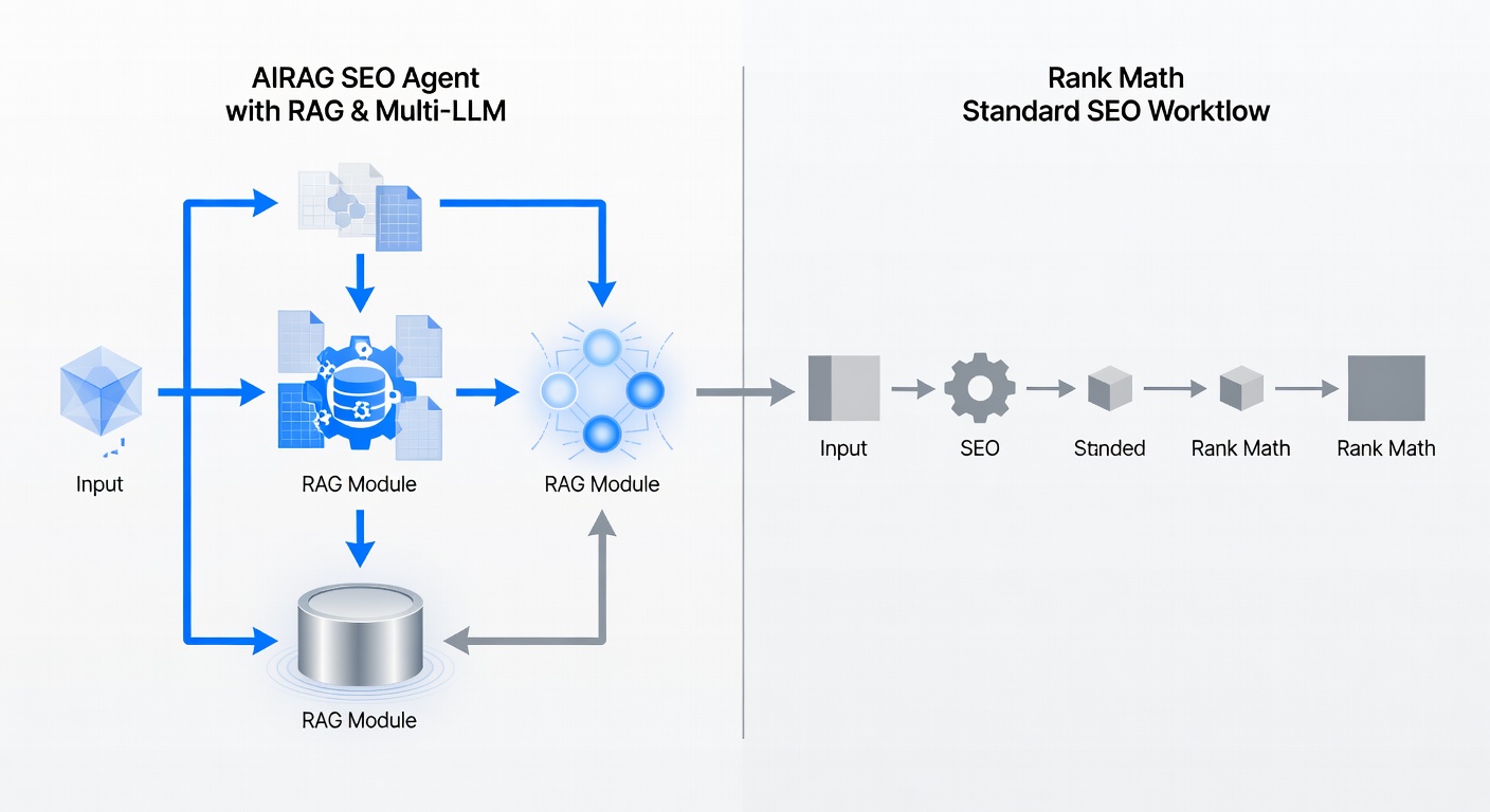 A clear side-by-side flowchart comparing the content creation process of AIRAG pSEO Agent using RAG and multi-LLM models versus Rank Math's standard SEO optimization workflow.