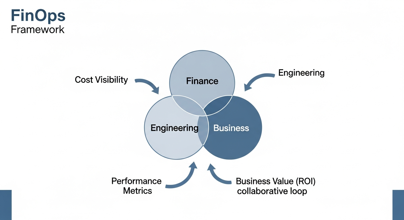 A diagram illustrating the FinOps framework. Three circles labeled 'Engineering', 'Finance', and 'Business' overlap in the center. Arrows flow between them showing the exchange of data: 'Cost Visibility' flows to Engineering, 'Performance Metrics' flows to Finance, and 'Business Value (ROI)' flows between all three, representing a collaborative loop.