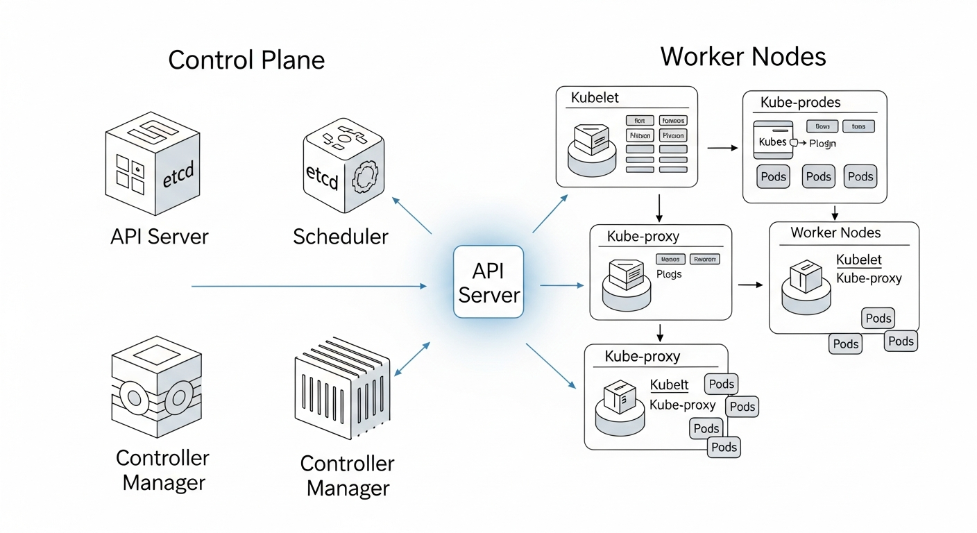 A diagram showing the Kubernetes architecture. The Control Plane is on one side with its four components (API Server, etcd, Scheduler, Controller Manager) clearly labeled. The API Server is highlighted as the central communication hub. Arrows show all communication (from users, from worker nodes) going through the API Server. On the other side are several Worker Nodes, each containing a Kubelet, Kube-proxy, and multiple Pods.