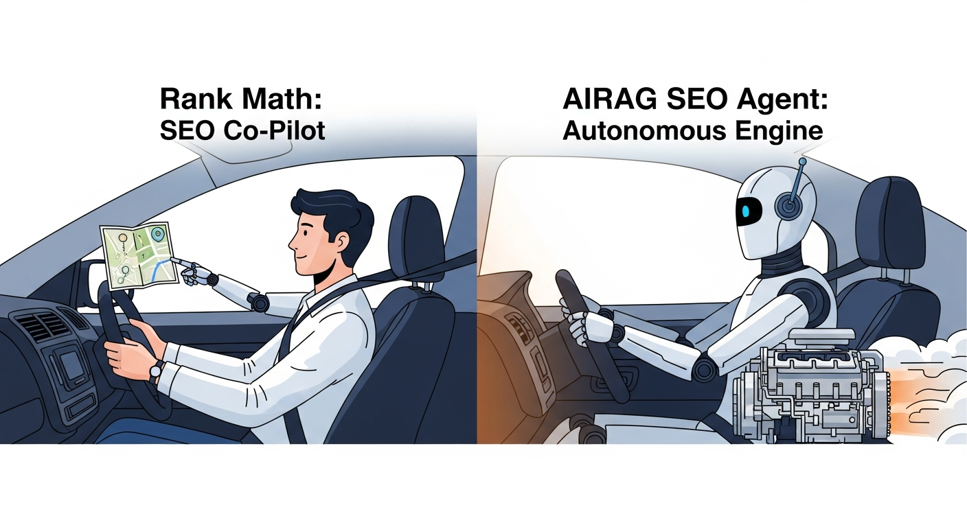 A split-screen diagram. On the left, titled "Rank Math: SEO Co-Pilot," show a human icon at a steering wheel with a robot icon in the passenger seat pointing at a map. On the right, titled "AIRAG pSEO Agent: Autonomous Engine," show a robot icon at the steering wheel, with the engine block glowing, powering the entire vehicle forward automatically.