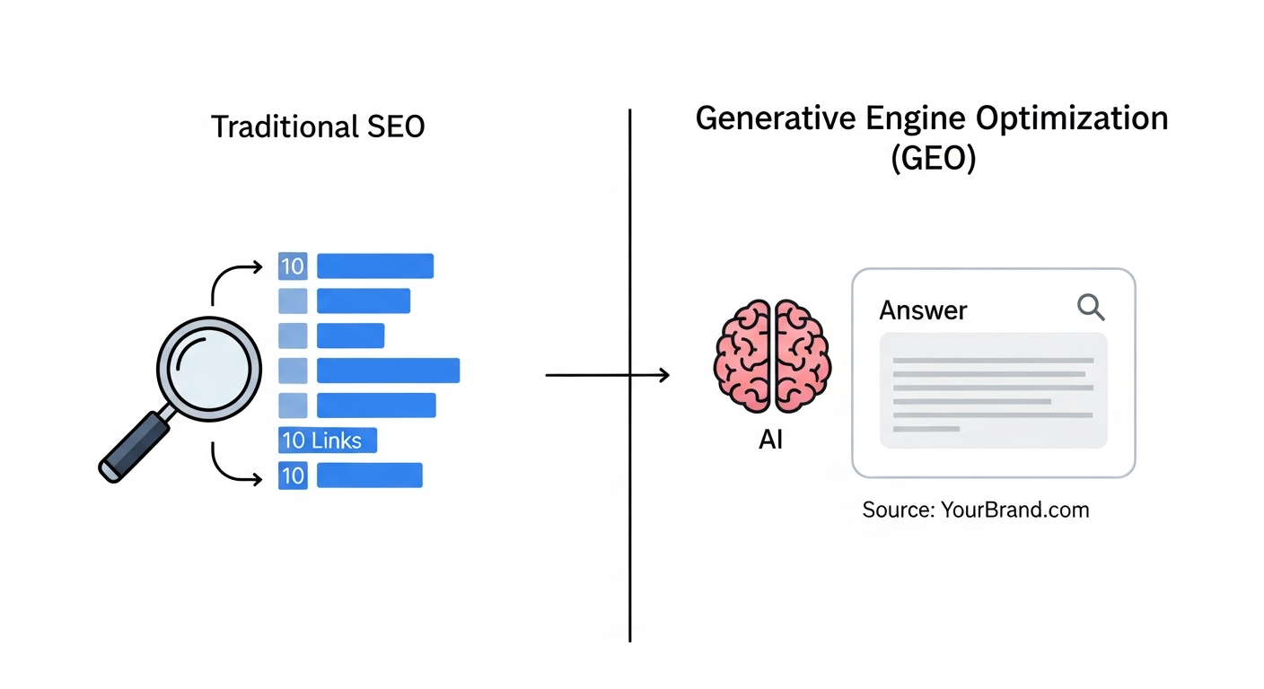 A split-screen diagram. On the left, titled "Traditional SEO," an icon of a magnifying glass points to a list of 10 blue links. On the right, titled "Generative Engine Optimization (GEO)," an icon of a brain/AI points to a single answer block with a "Source: YourBrand.com" citation at the bottom.