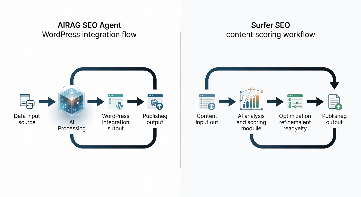Clean side-by-side comparison diagram showing AIRAG pSEO Agent WordPress integration flow on the left and Surfer SEO content scoring workflow on the right, with labeled arrows for data input, AI processing, and publishing output. Use neutral professional colors and clear icons for each step.