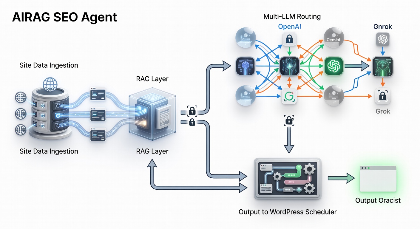 Clean technical diagram showing AIRAG pSEO Agent workflow: site data ingestion through RAG layer, multi-LLM routing to OpenAI/Gemini/Grok, and output to WordPress scheduler with security checks.