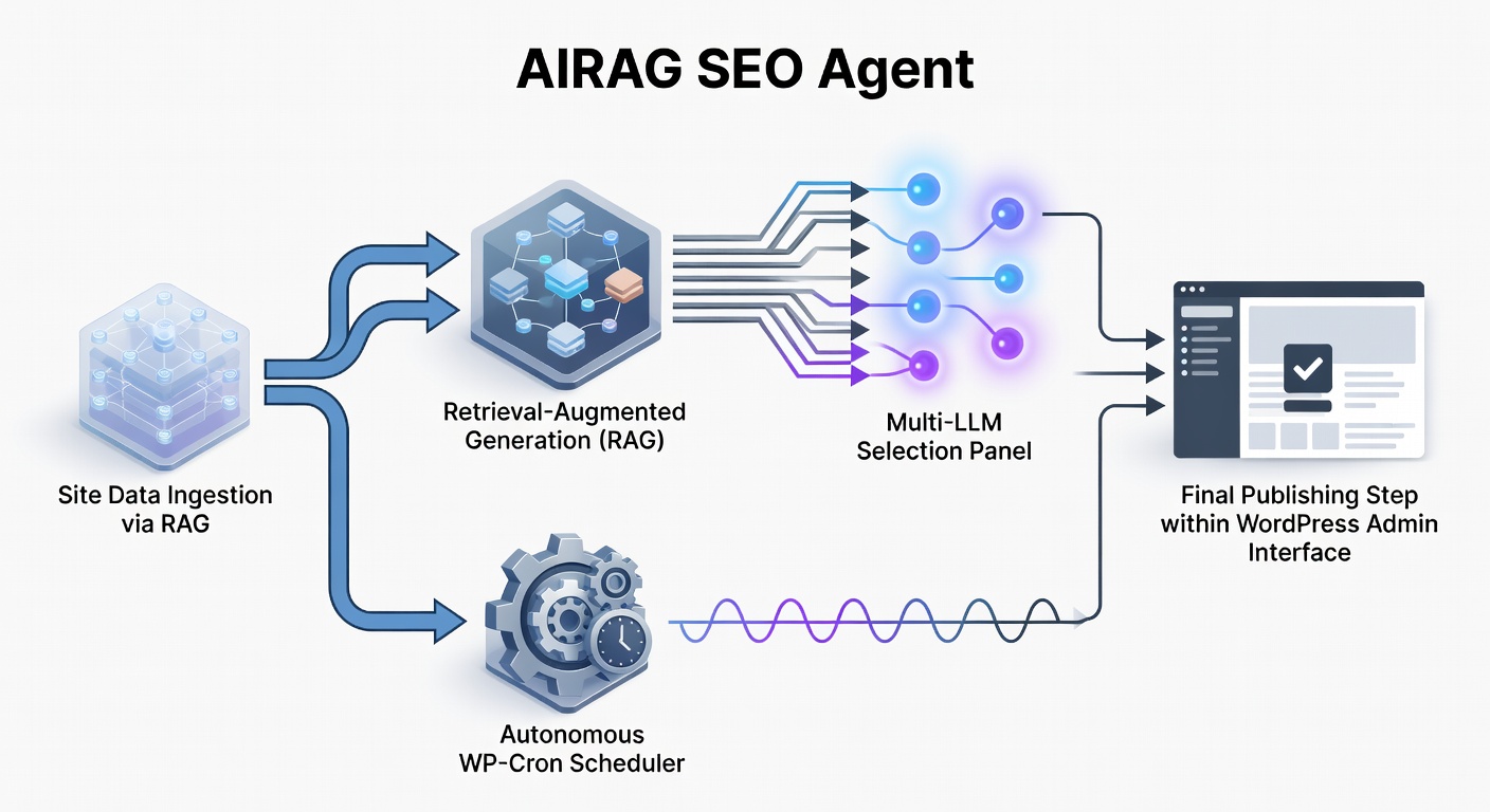 Clean technical diagram showing the AIRAG pSEO Agent workflow: site data ingestion via RAG, multi-LLM selection panel, autonomous WP-Cron scheduler, and final publishing step within WordPress admin interface