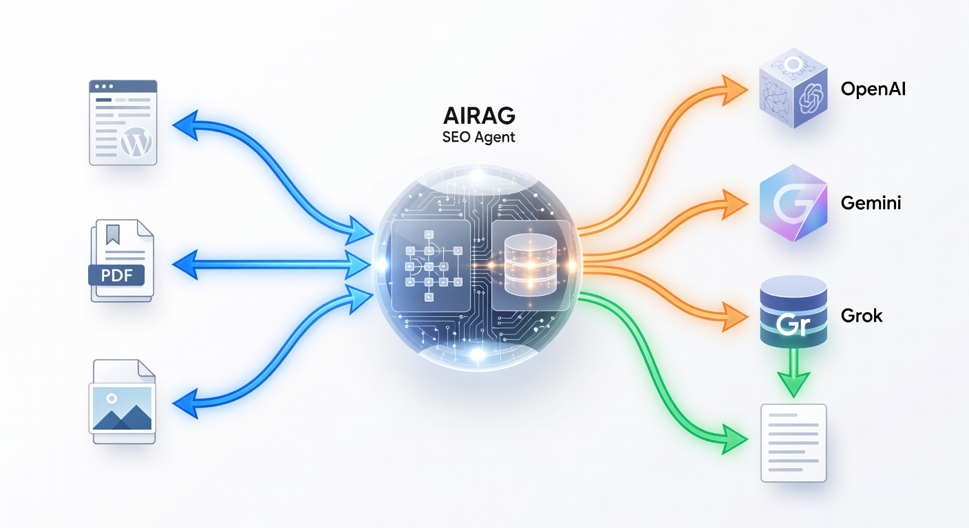Detailed diagram showing how AIRAG pSEO Agent retrieves content from WordPress pages, PDFs, and images, then uses RAG to feed selected context into multiple LLMs (OpenAI, Gemini, Grok) for generating SEO-optimized blog posts. Include arrows indicating data flow and model selection options.