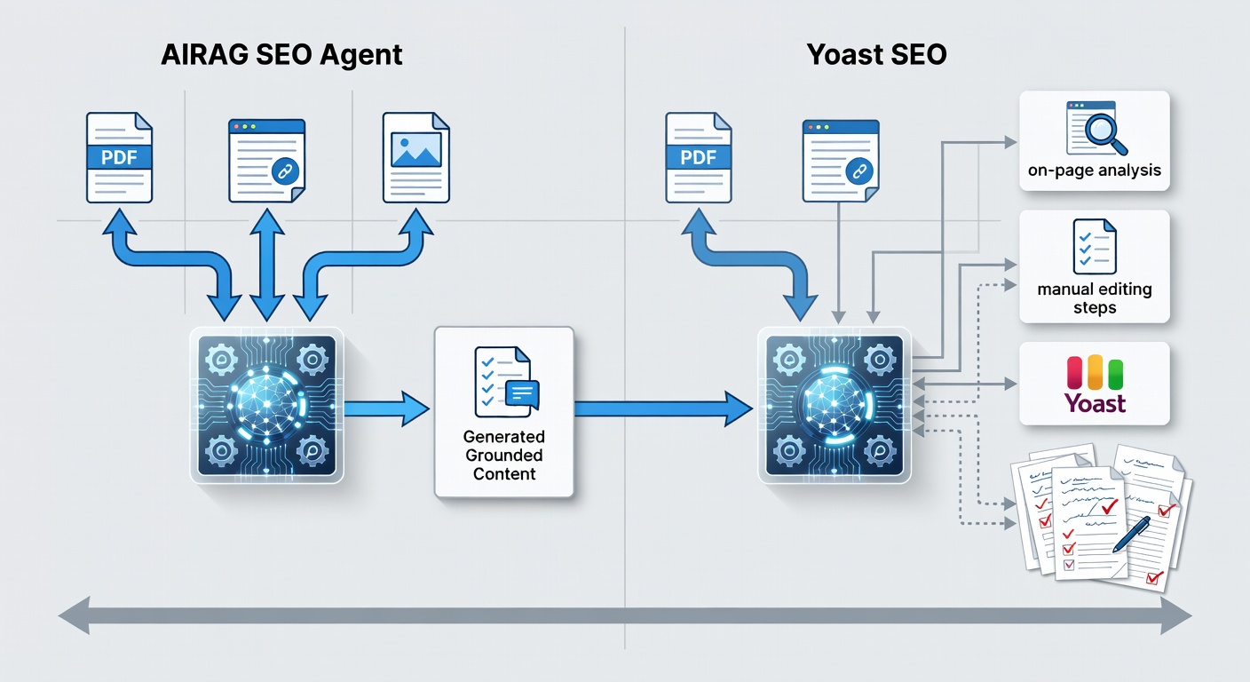 Detailed educational diagram showing the complete workflow of AIRAG pSEO Agent retrieving data from PDFs, pages, and images then generating grounded content compared to Yoast SEO’s on-page analysis and manual editing flow in a clean flowchart style.