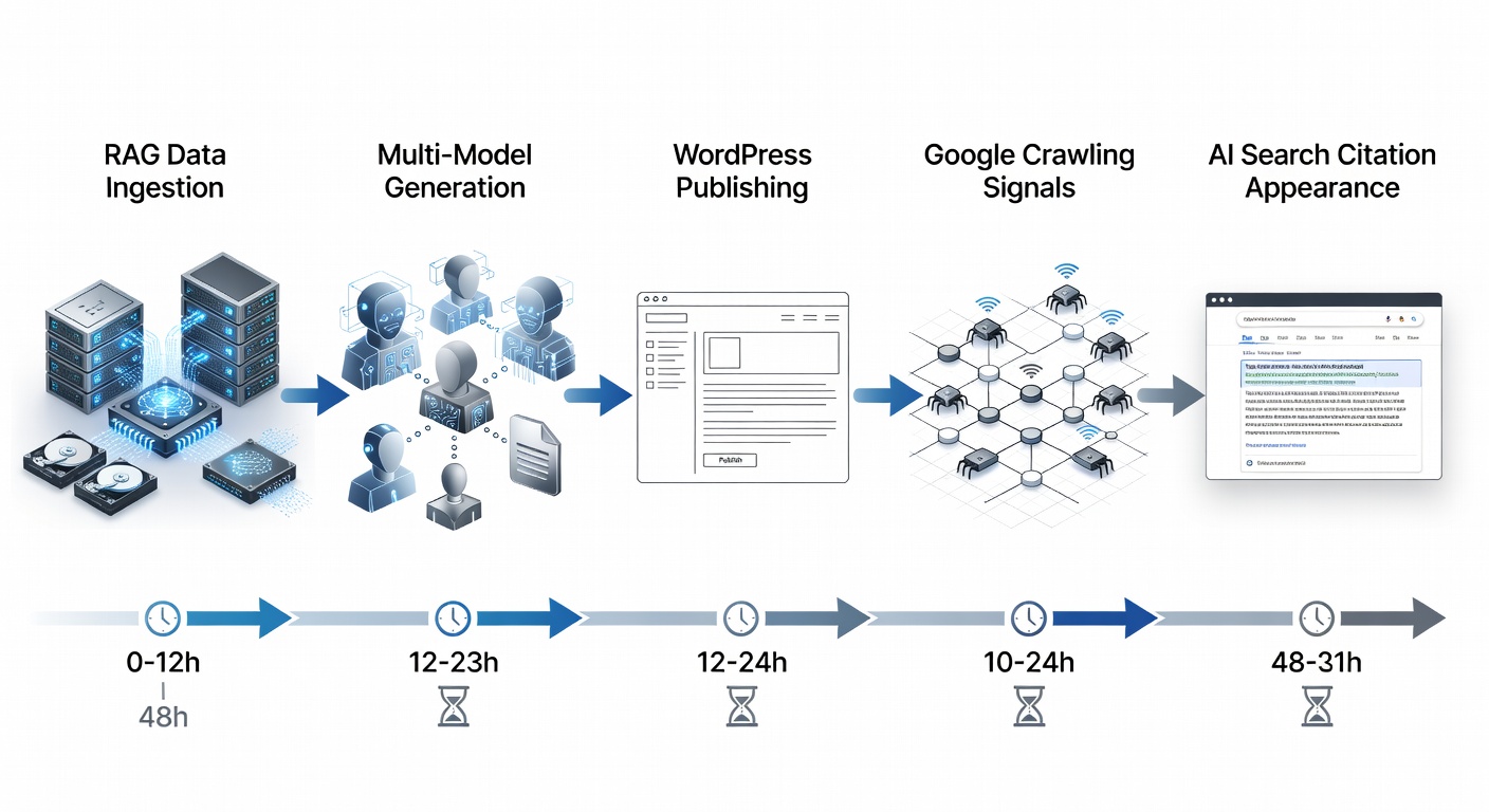 Educational diagram showing the 48-hour content flow from RAG data ingestion through multi-model generation, WordPress publishing, Google crawling signals, and final AI search citation appearance, with clear labeled stages and arrows indicating time progression.