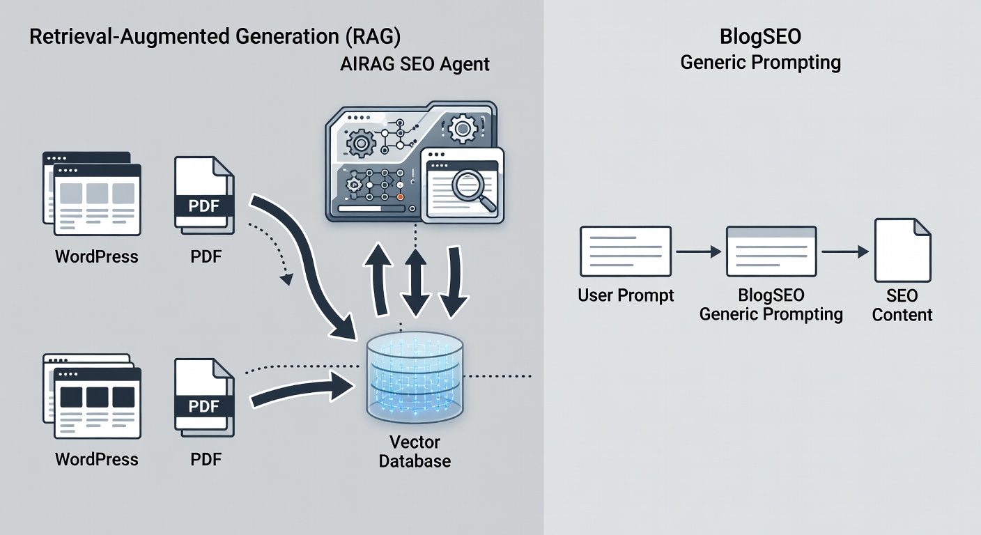 Educational diagram showing the RAG data flow from WordPress pages and PDFs into AIRAG pSEO Agent compared to BlogSEO generic prompting workflow