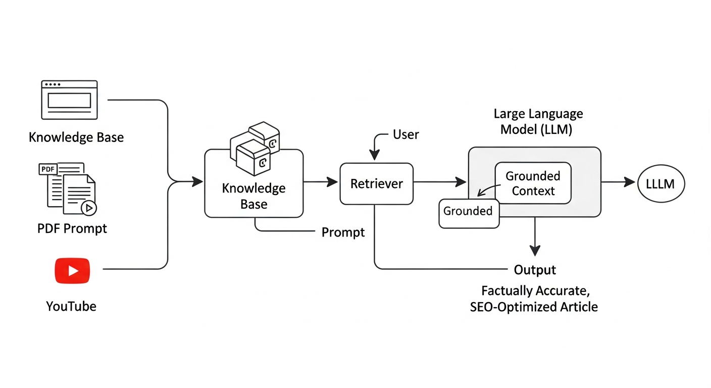 A clear diagram illustrating the Retrieval-Augmented Generation (RAG) process. On the left, show icons for a website, PDF, and YouTube video feeding into a central 'Knowledge Base'. An arrow points from the Knowledge Base to a 'Retriever' module. Another arrow from a user prompt goes to the Retriever. The Retriever then sends 'Grounded Context' to a Large Language Model (LLM) on the right, which then outputs a 'Factually Accurate, SEO-Optimized Article'.