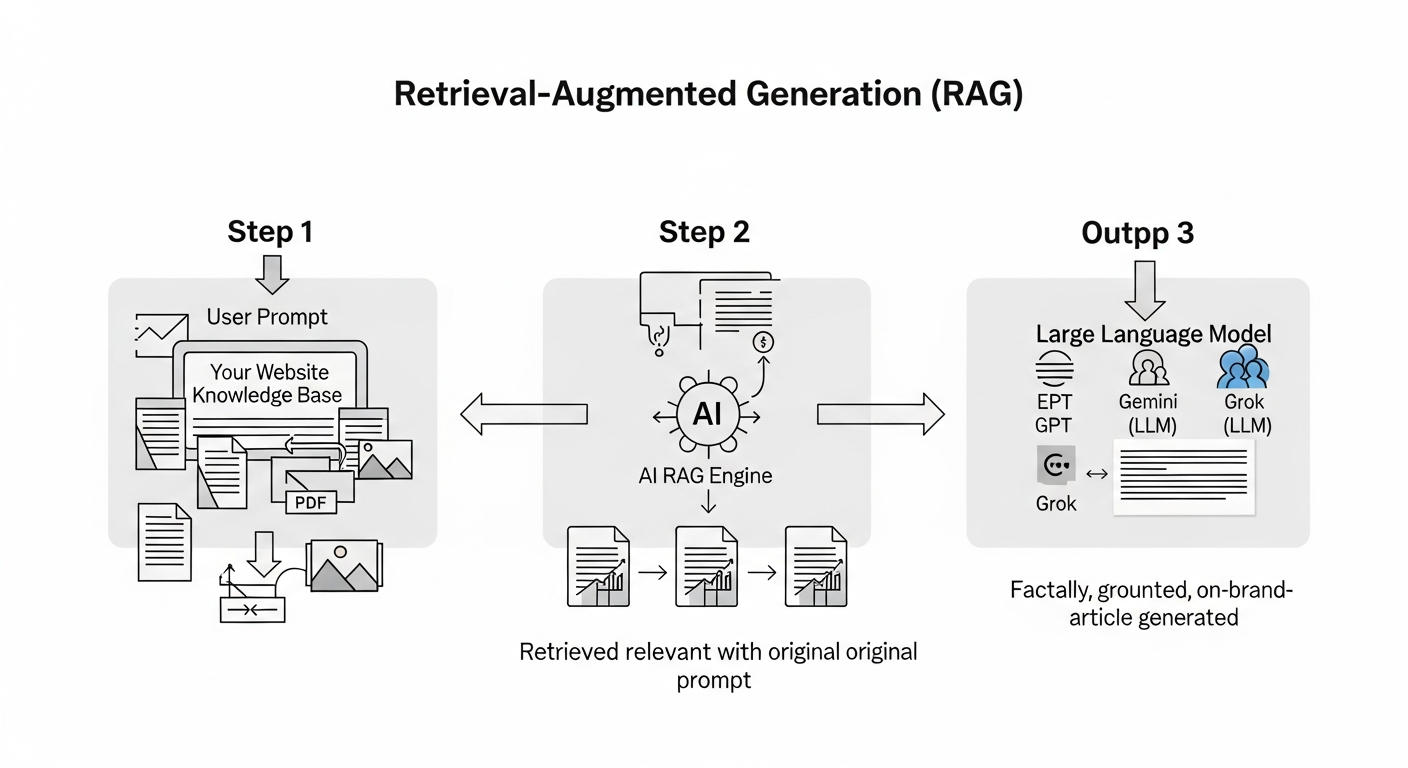 A clear diagram illustrating the Retrieval-Augmented Generation (RAG) process. The diagram shows three steps: 1. A user prompt enters the system. 2. The AIRAG engine scans the 'Your Website Knowledge Base' (showing icons for pages, PDFs, images). 3. The retrieved, relevant data is combined with the prompt and sent to the LLM (GPT, Gemini, Grok), which then generates a factually-grounded, on-brand article.