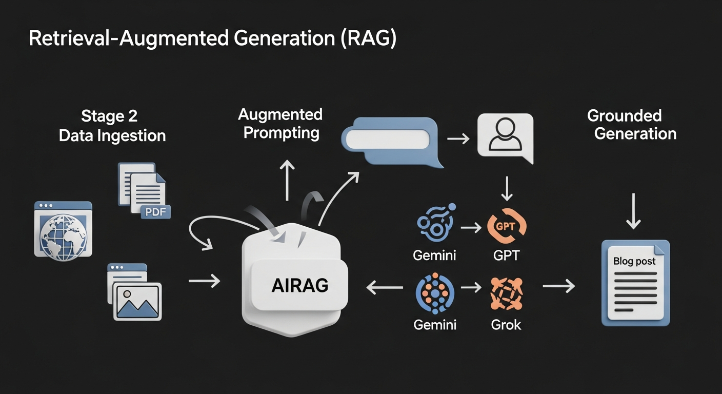 A clear diagram illustrating the Retrieval-Augmented Generation (RAG) process used by AIRAG pSEO Agent. The diagram should show three stages: 1) 'Data Ingestion' with icons for a website, PDF, and image feeding into the AIRAG system. 2) 'Augmented Prompting' where a user prompt is combined with relevant data from the ingested content. 3) 'Grounded Generation' where the combined prompt is sent to an LLM (represented by icons for Gemini, GPT, Grok) to produce a factually accurate, on-brand blog post.