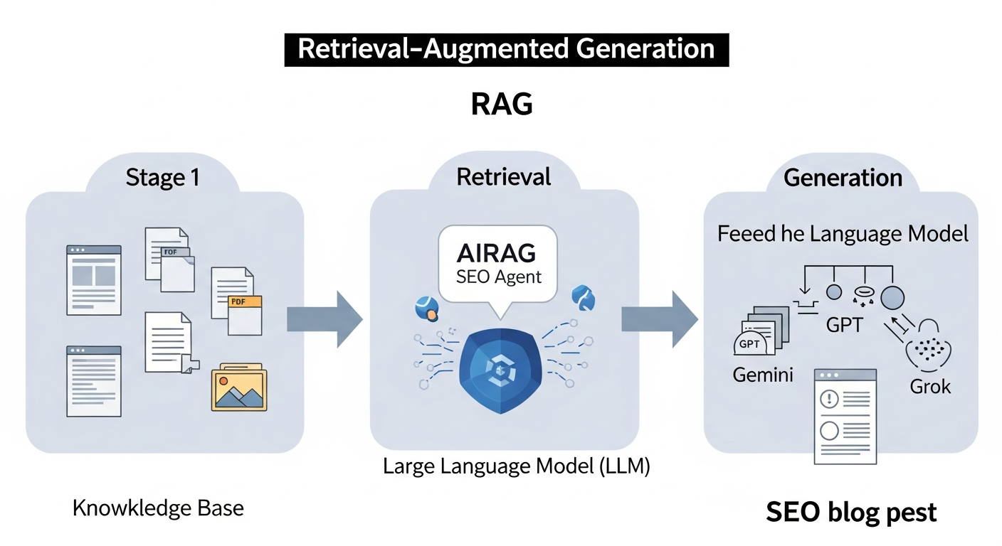 A diagram illustrating the Retrieval-Augmented Generation (RAG) process. The diagram shows three stages. Stage 1: 'Knowledge Base' with icons for website pages, PDFs, and images. Stage 2: 'Retrieval' where an arrow points from the Knowledge Base to the AIRAG pSEO Agent system, which is analyzing the data. Stage 3: 'Generation' where the system feeds this retrieved, factual data into an LLM (represented by icons for Gemini, GPT, Grok) to produce a final, factually-grounded SEO blog post.