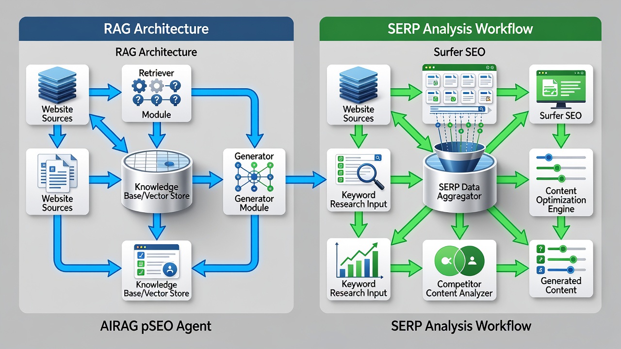 A flowchart diagram comparing the RAG architecture of AIRAG pSEO Agent with the SERP analysis workflow of Surfer SEO, showing data flow from website sources to content generation.