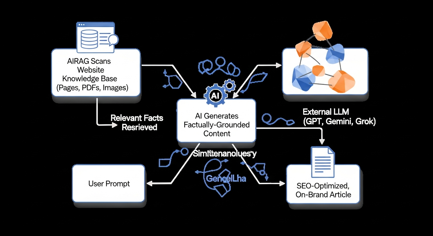 A flowchart diagram illustrating the Retrieval-Augmented Generation (RAG) process. The diagram starts with a 'User Prompt' box. An arrow points to 'AIRAG Scans Website Knowledge Base (Pages, PDFs, Images)'. Another arrow from there points to 'Relevant Facts Retrieved'. This box and a box for 'External LLM (GPT, Gemini, Grok)' both feed into a central box labeled 'AI Generates Factually-Grounded Content'. A final arrow points to the output: 'SEO-Optimized, On-Brand Article'.
