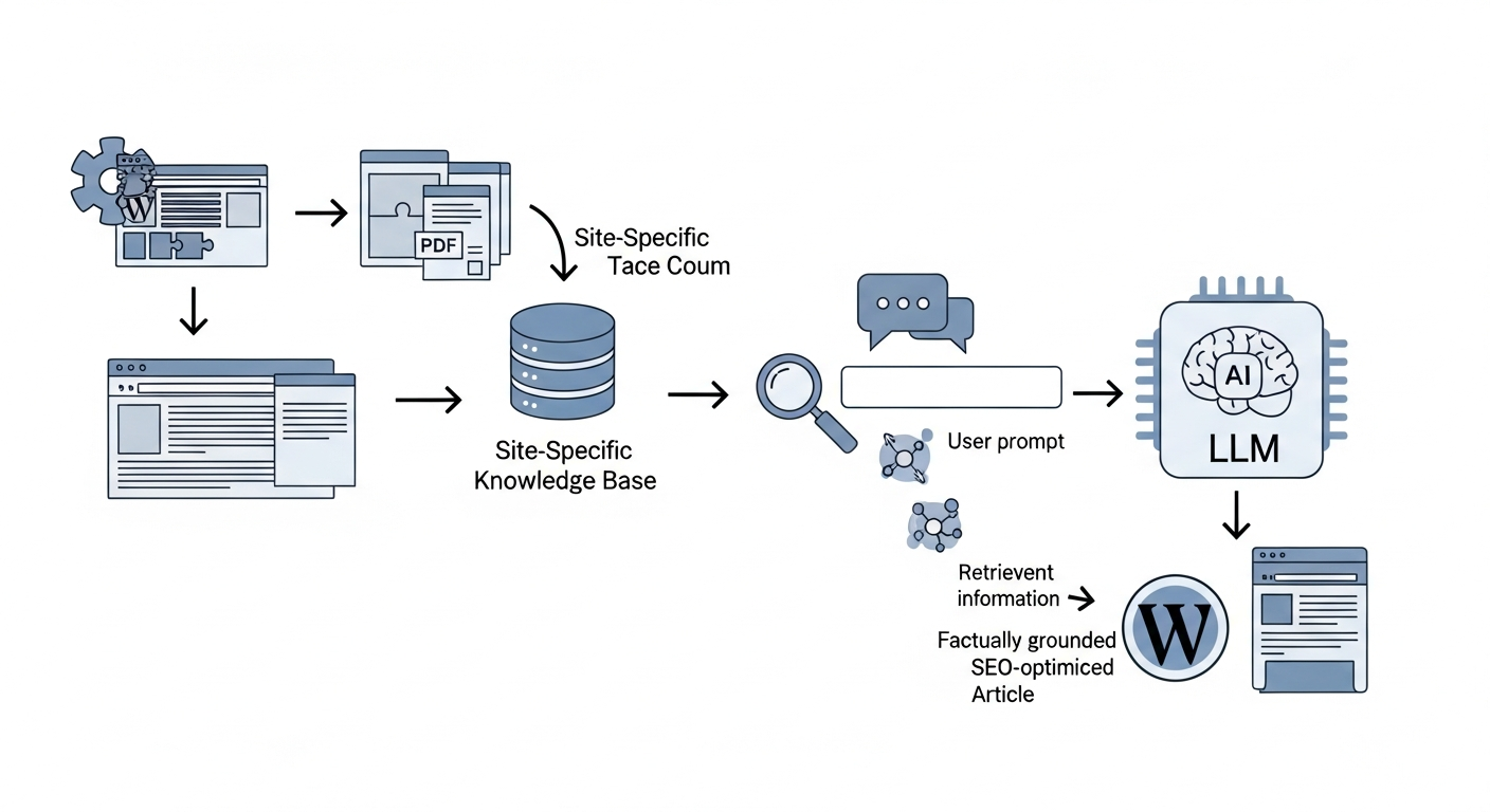 A flowchart diagram illustrating the Retrieval-Augmented Generation (RAG) process within WordPress. Step 1 shows the AIRAG pSEO Agent plugin scanning website content (pages, PDFs). Step 2 shows this data being stored in a 'Site-Specific Knowledge Base'. Step 3 shows a user prompt ('Write a blog post about X'). Step 4 shows the RAG system retrieving relevant facts from the knowledge base. Step 5 shows the facts and the prompt being sent to an LLM (GPT, Gemini, or Grok). Step 6 shows the final, factually-grounded, SEO-optimized article being published on the WordPress site.