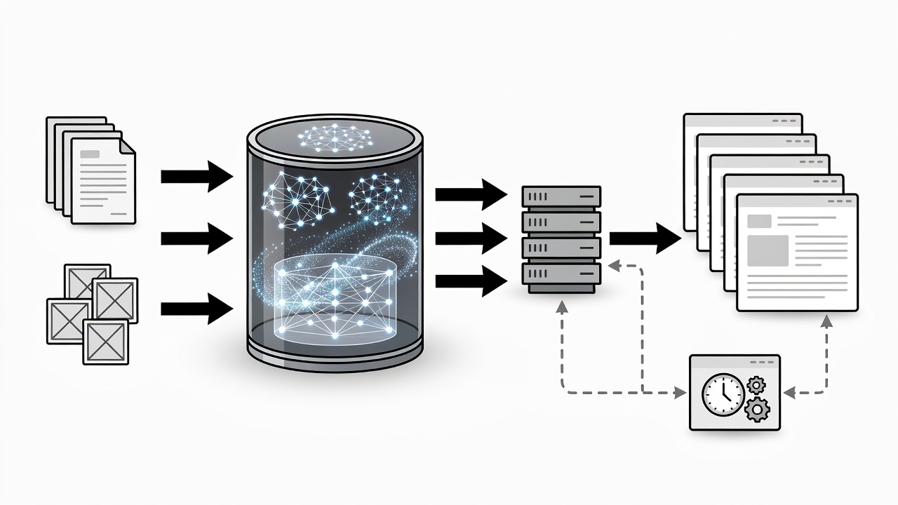 Clean technical diagram showing a flowchart of RAG-powered content pipeline from site PDFs and images through multi-LLM processing to published WordPress pages with WP-Cron scheduling