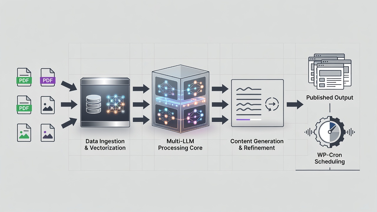 Clean technical diagram showing a flowchart of RAG-powered content pipeline from site PDFs and images through multi-LLM processing to published WordPress pages with WP-Cron scheduling