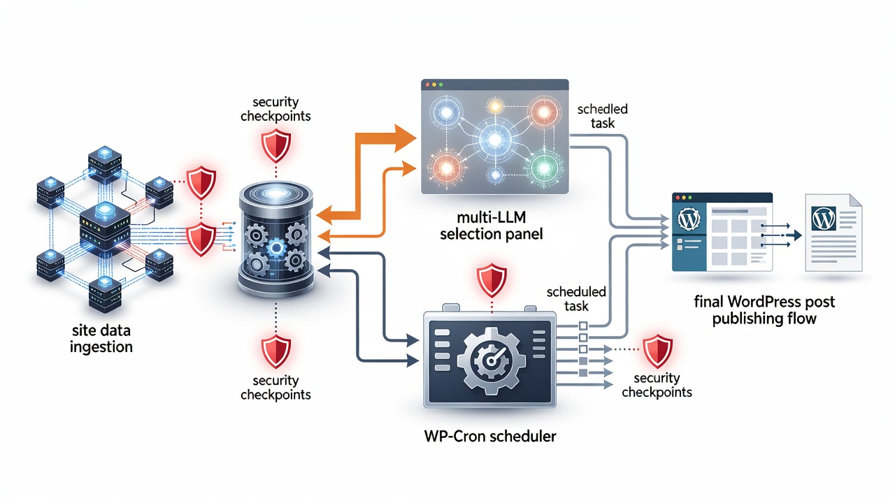 Clean technical diagram showing AIRAG pSEO Agent workflow: site data ingestion into RAG engine, multi-LLM selection panel, WP-Cron scheduler, and final WordPress post publishing flow with security checkpoints highlighted.