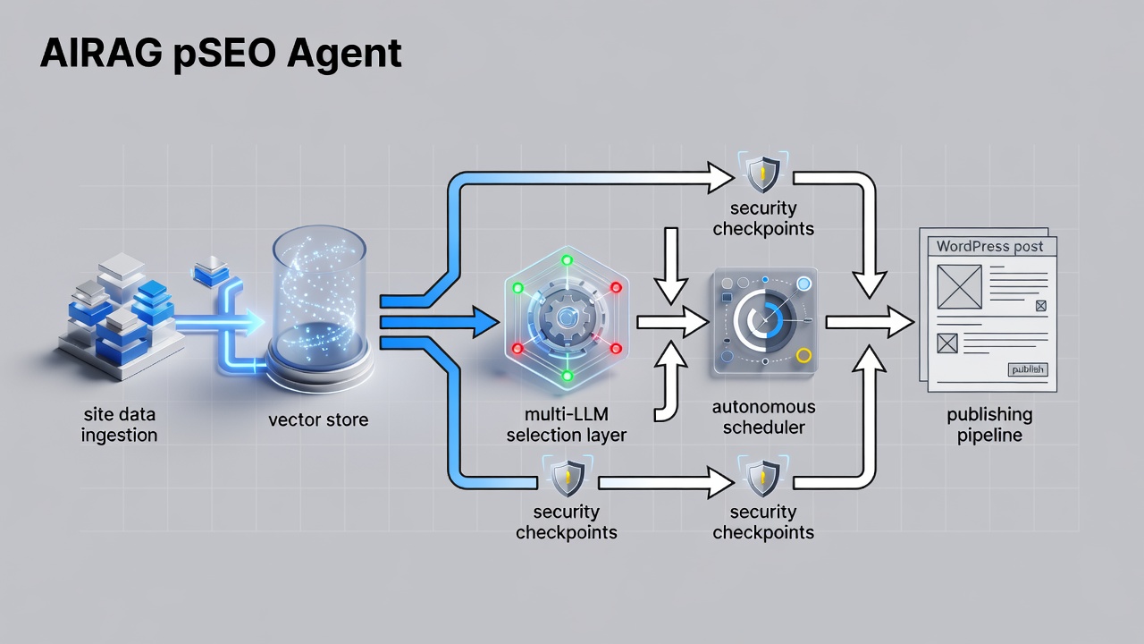 Clean technical diagram showing AIRAG pSEO Agent workflow: site data ingestion into vector store, multi-LLM selection layer, autonomous scheduler, and final WordPress post publishing pipeline with labeled arrows and security checkpoints.