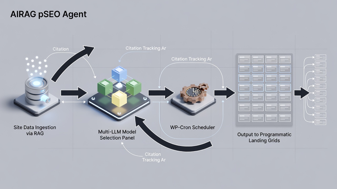 Clean technical diagram showing AIRAG pSEO Agent workflow: site data ingestion via RAG, multi-LLM model selection panel, WP-Cron scheduler, and output to programmatic landing grids with citation tracking arrows.