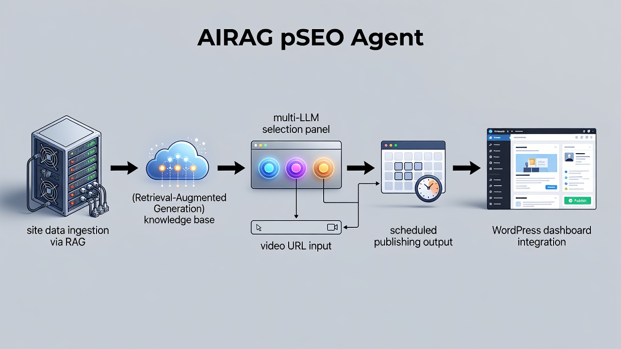 Clean technical diagram showing AIRAG pSEO Agent workflow: site data ingestion via RAG, multi-LLM selection panel, video URL input, scheduled publishing output, and WordPress dashboard integration.