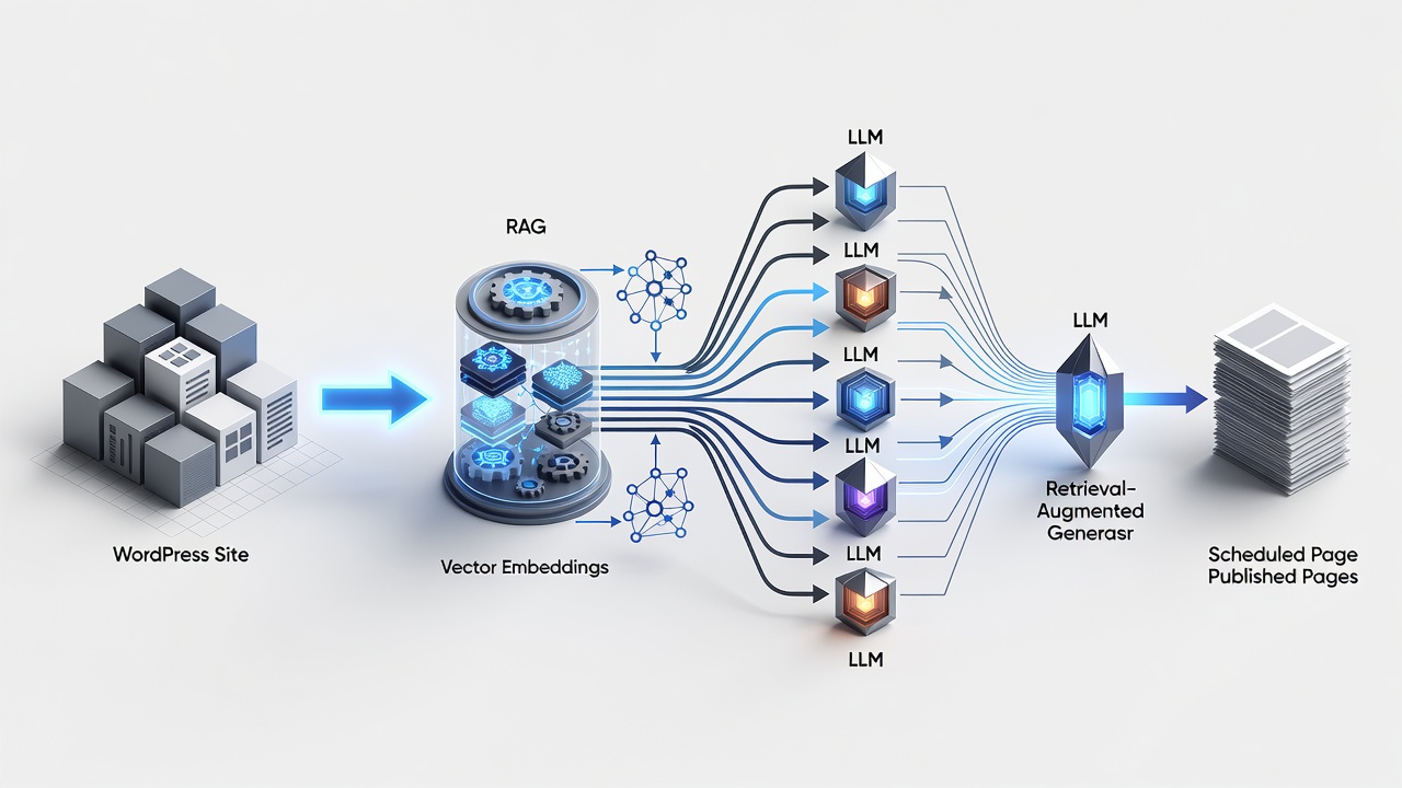 Clean technical diagram showing data flow from WordPress site content through RAG pipeline into multi-LLM processing and finally into scheduled published pages.