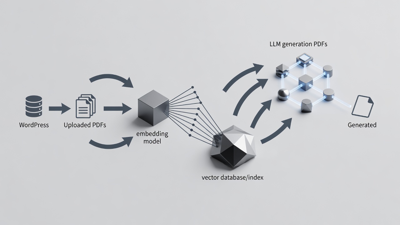 Clean technical diagram showing RAG data flow from WordPress database and uploaded PDFs through embedding model into LLM generation pipeline
