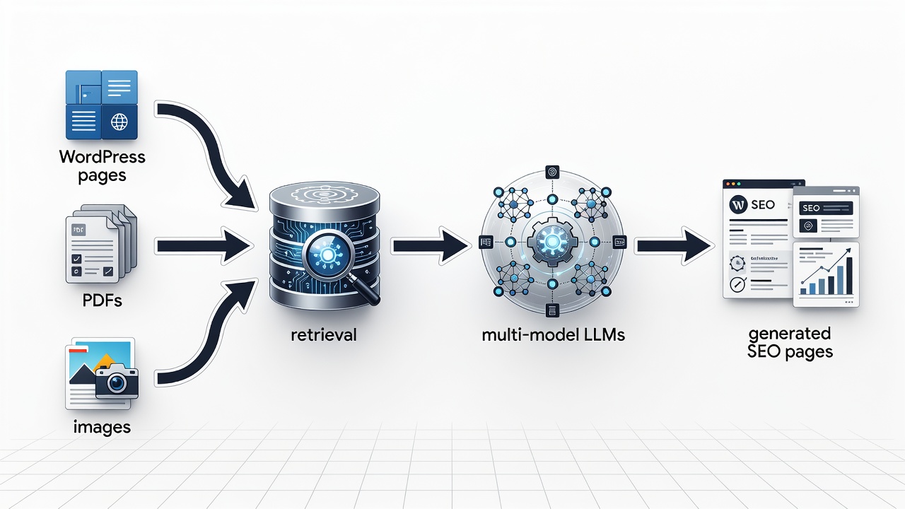 Clean technical diagram showing RAG data flow from WordPress pages, PDFs, and images into multi-model LLMs then to generated SEO pages with arrows labeled retrieval, augmentation, and generation