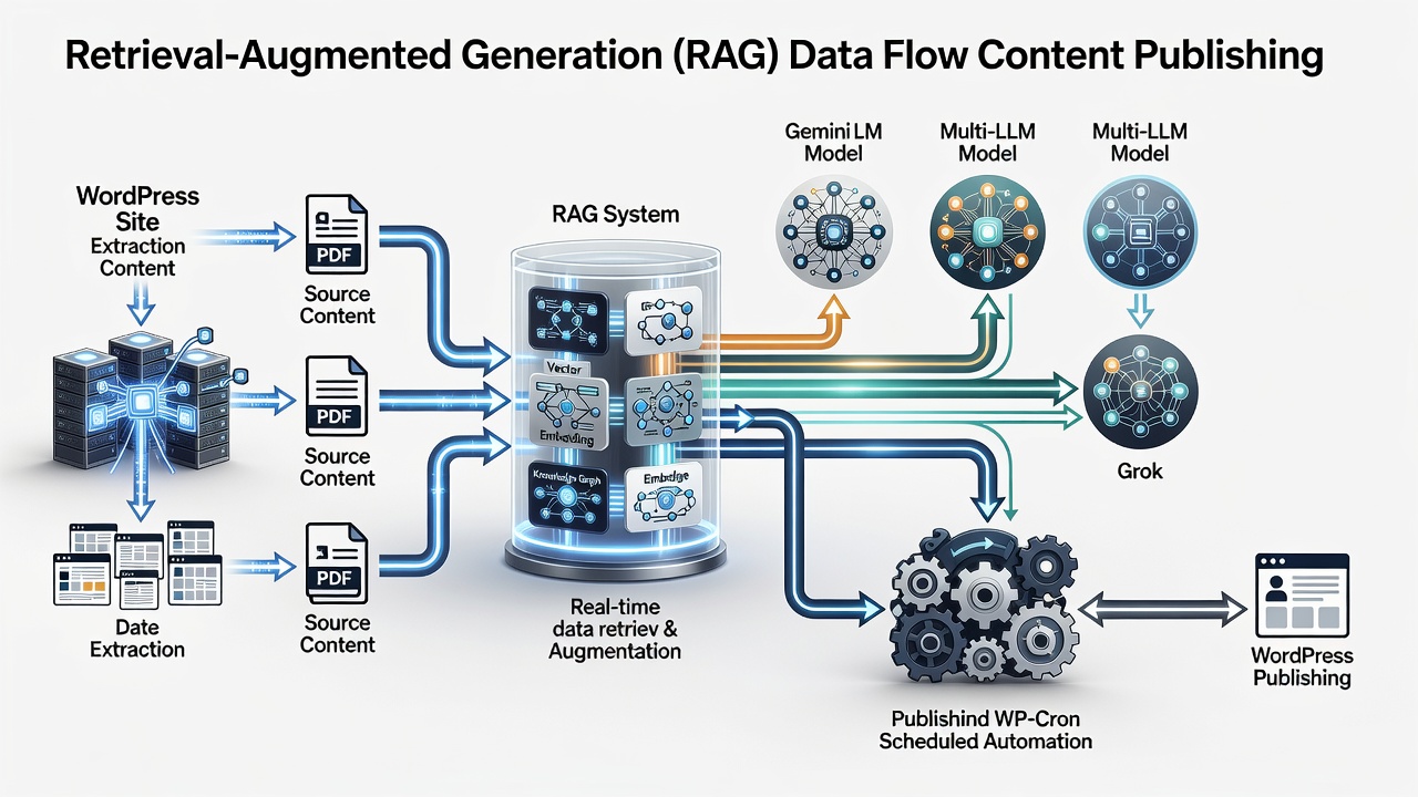 Clean technical diagram showing RAG data flow from WordPress site PDFs and pages into multi-LLM models (Gemini, GPT, Grok) then to scheduled WP-Cron publishing