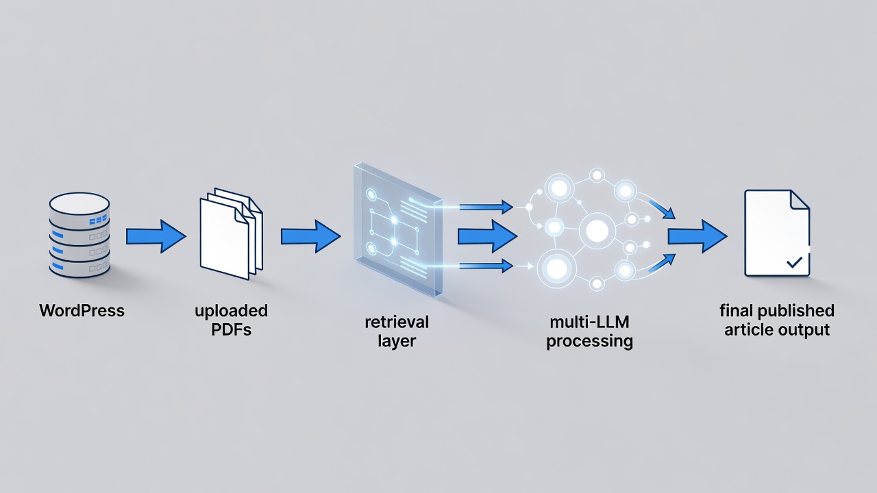 Clean technical diagram showing RAG pipeline flow from WordPress database and uploaded PDFs through retrieval layer into multi-LLM processing and final published article output