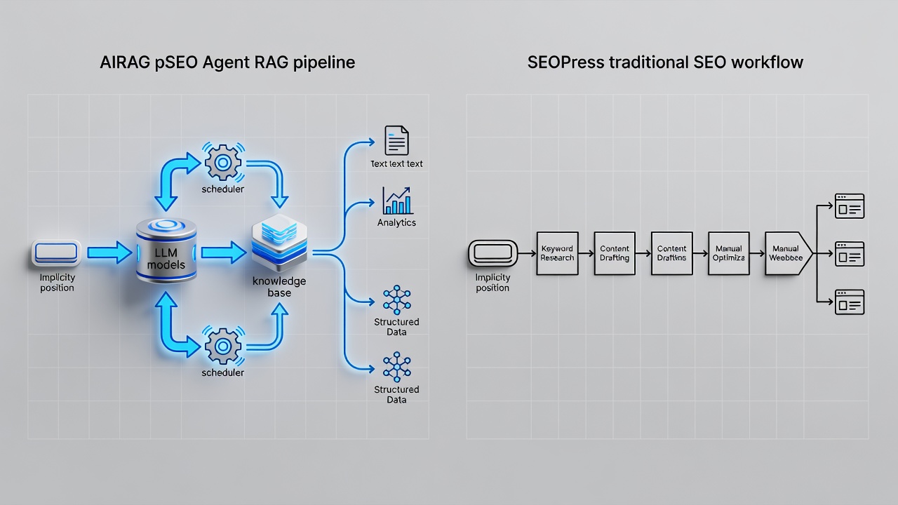 Clean technical diagram showing side-by-side architecture comparison between AIRAG pSEO Agent RAG pipeline and SEOPress traditional SEO workflow, with labeled boxes for LLM models, knowledge base, scheduler, and output types