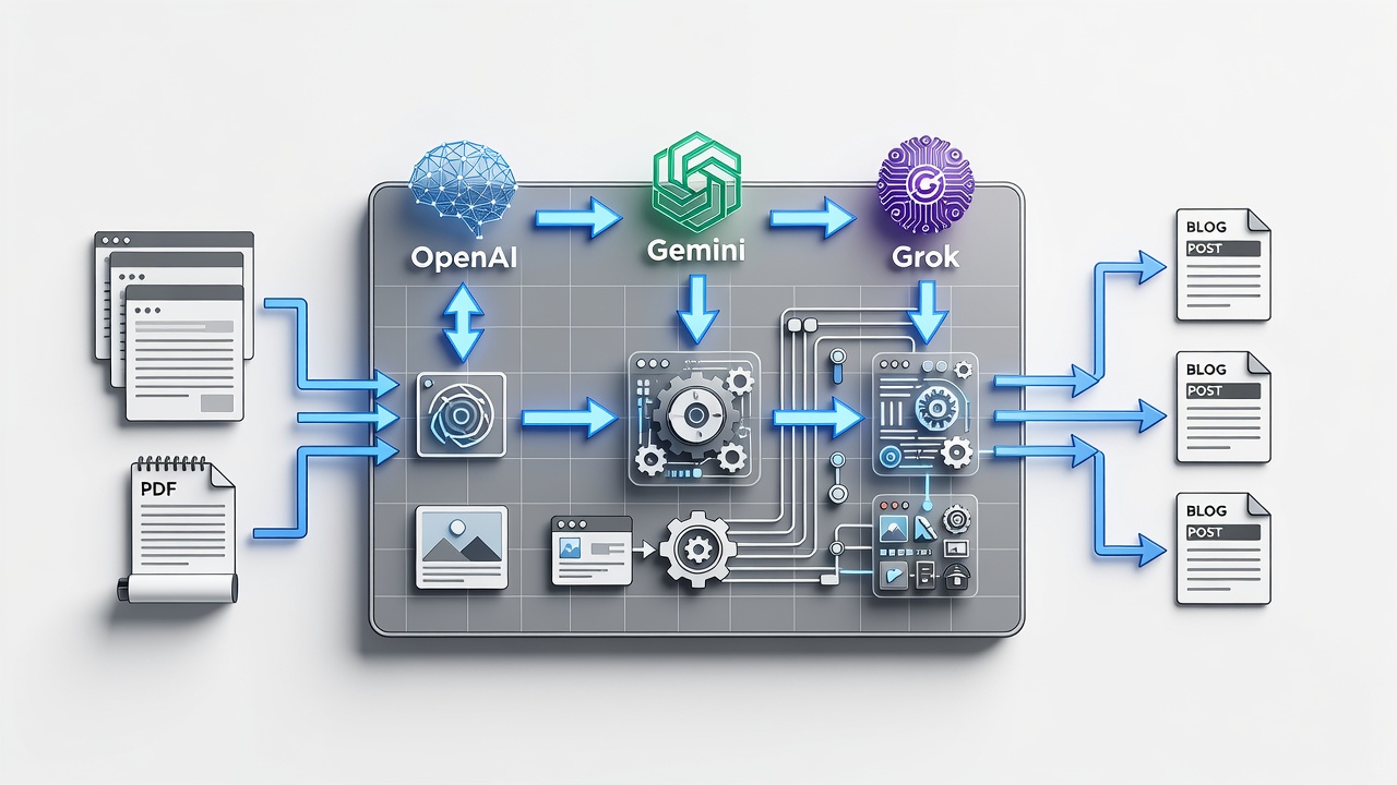 Clean technical diagram showing the AIRAG pSEO Agent WordPress dashboard connected to OpenAI, Gemini, and Grok models with arrows indicating RAG data flow from site pages, PDFs, and images into generated blog posts.