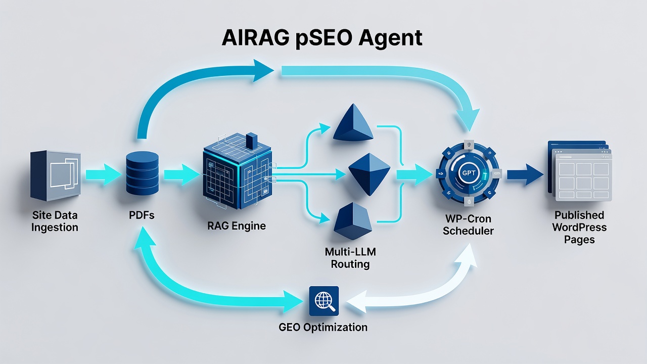 Clean technical diagram showing the AIRAG pSEO Agent workflow: site data ingestion from PDFs/images into RAG engine, multi-LLM routing to Gemini/GPT/Grok, WP-Cron scheduler outputting published WordPress pages, with arrows indicating data flow and feedback loop for GEO optimization. Educational flowchart style with labeled boxes.