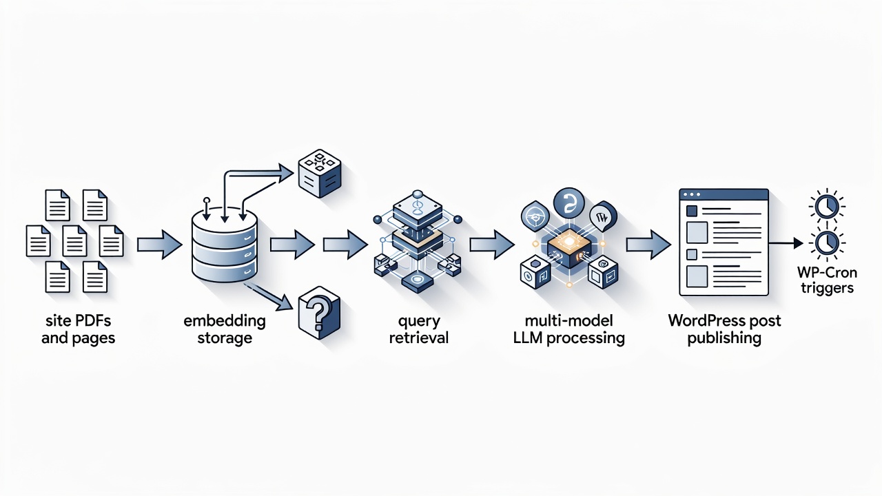 Clean technical diagram showing the end-to-end RAG pipeline from site PDFs and pages through embedding storage, query retrieval, multi-model LLM processing, and final WordPress post publishing with WP-Cron triggers