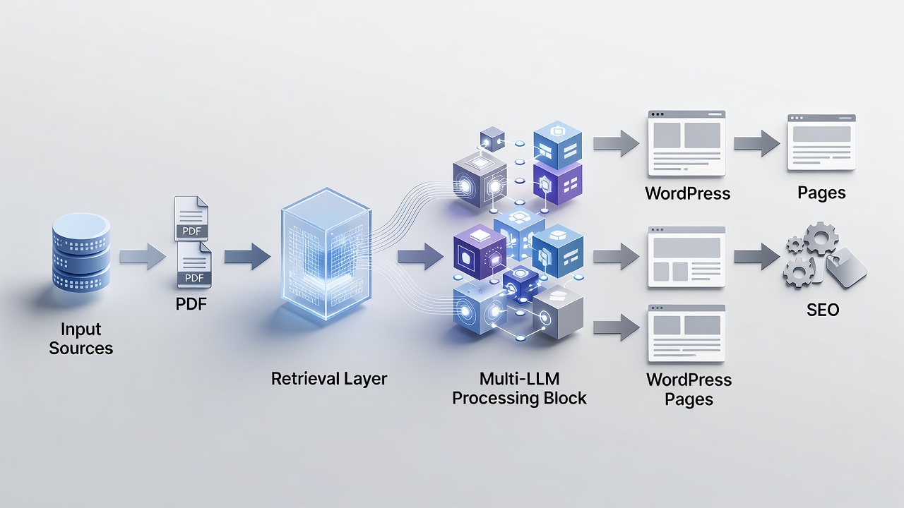Clean technical diagram showing the RAG pipeline: user database and PDFs feeding into retrieval layer then multi-LLM processing block outputting to WordPress pages with SEO metadata.