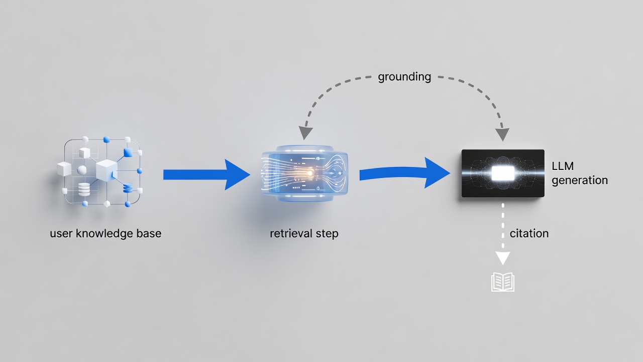 Clean technical diagram showing the RAG pipeline: user knowledge base feeding into retrieval step, then into LLM generation, with arrows labeled grounding and citation for a WordPress workflow.
