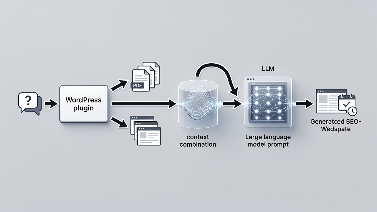 Clean technical diagram showing the RAG pipeline: user query enters the WordPress plugin, retrieval step pulls from site PDFs and pages, context is combined with the LLM prompt, and the final SEO page is generated and scheduled.