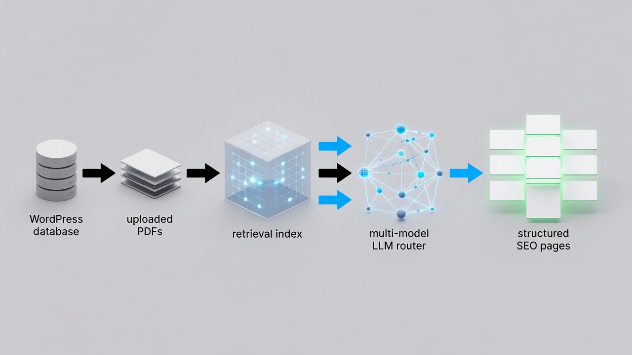 Clean technical diagram showing the RAG pipeline: WordPress database and uploaded PDFs feeding into a retrieval index then into a multi-model LLM router that outputs structured SEO pages.
