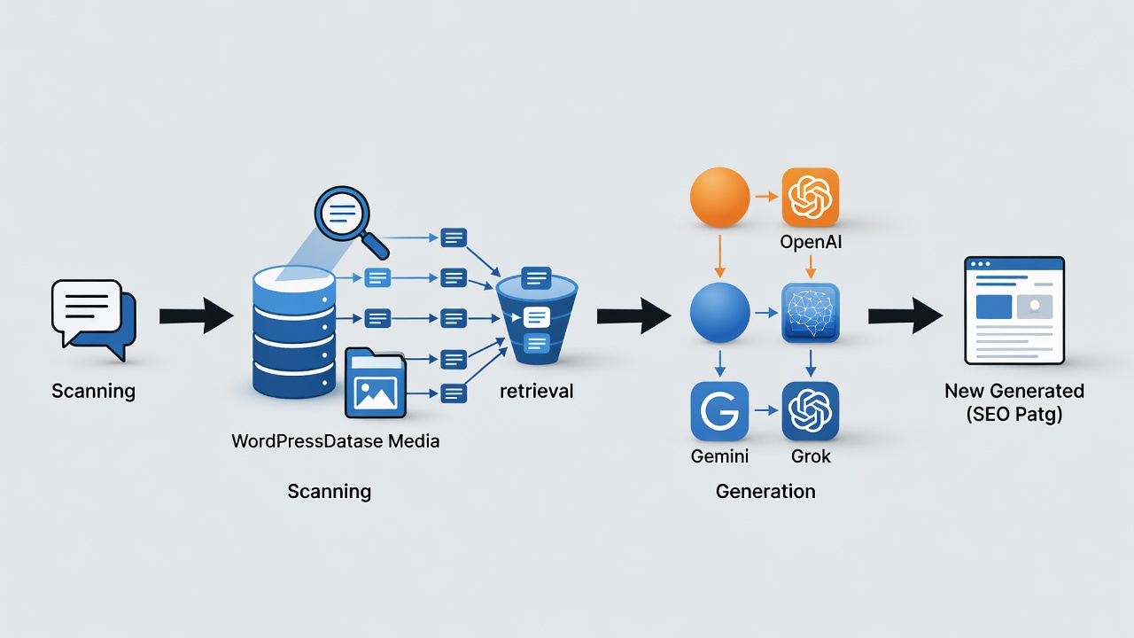 Clean technical diagram showing the RAG retrieval pipeline: user query enters, WordPress database and media are scanned, relevant chunks are retrieved, then passed to OpenAI/Gemini/Grok for generation, outputting a new SEO page.