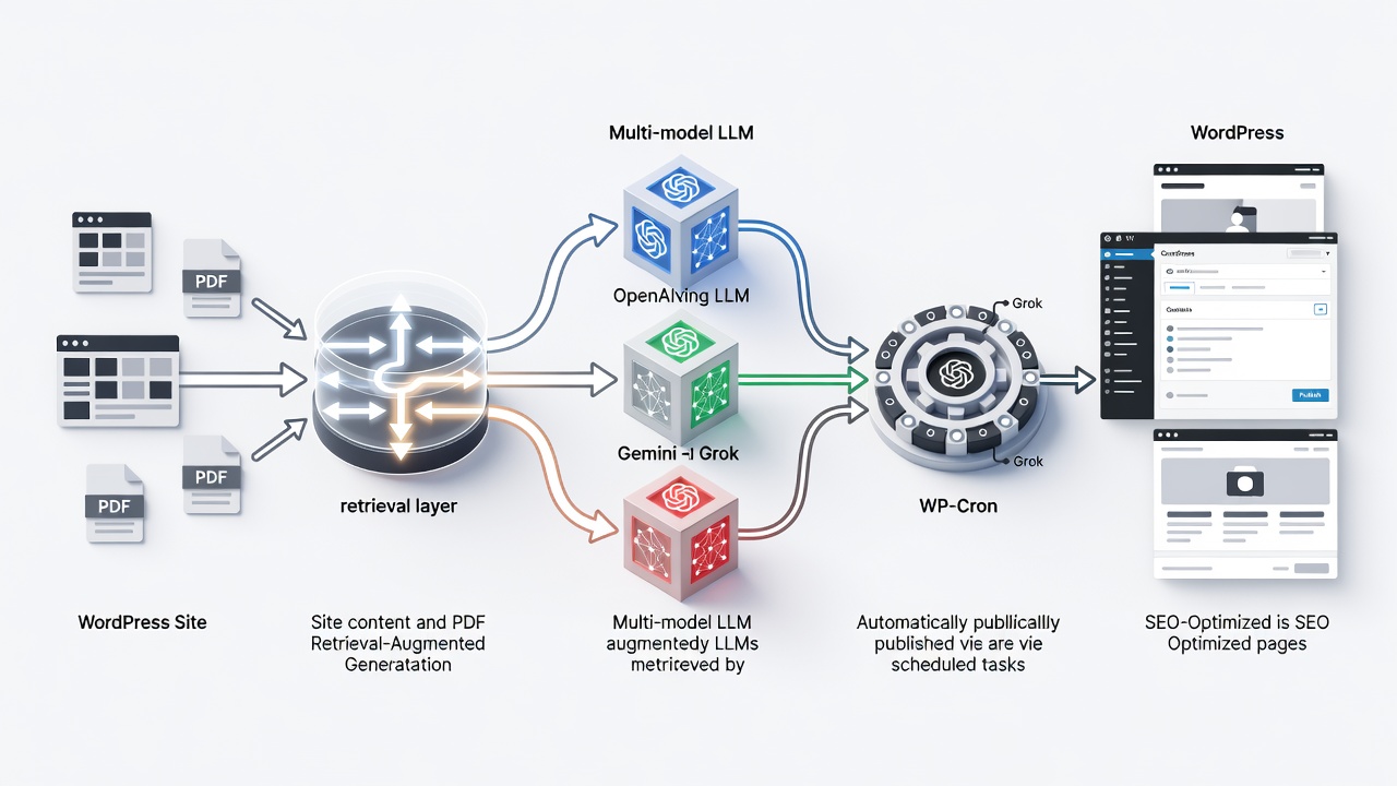 Clean technical diagram showing the RAG workflow in WordPress: site content and PDFs feeding into a retrieval layer, then into multi-model LLMs (OpenAI, Gemini, Grok), resulting in published SEO pages via WP-Cron scheduler.