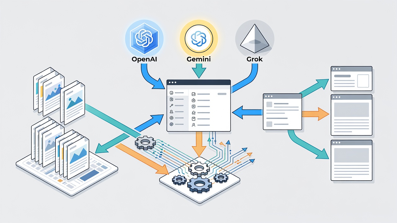 Clean technical diagram showing WordPress dashboard connected to OpenAI, Gemini, and Grok APIs with RAG pipeline arrows flowing from site PDFs and images into generated pages