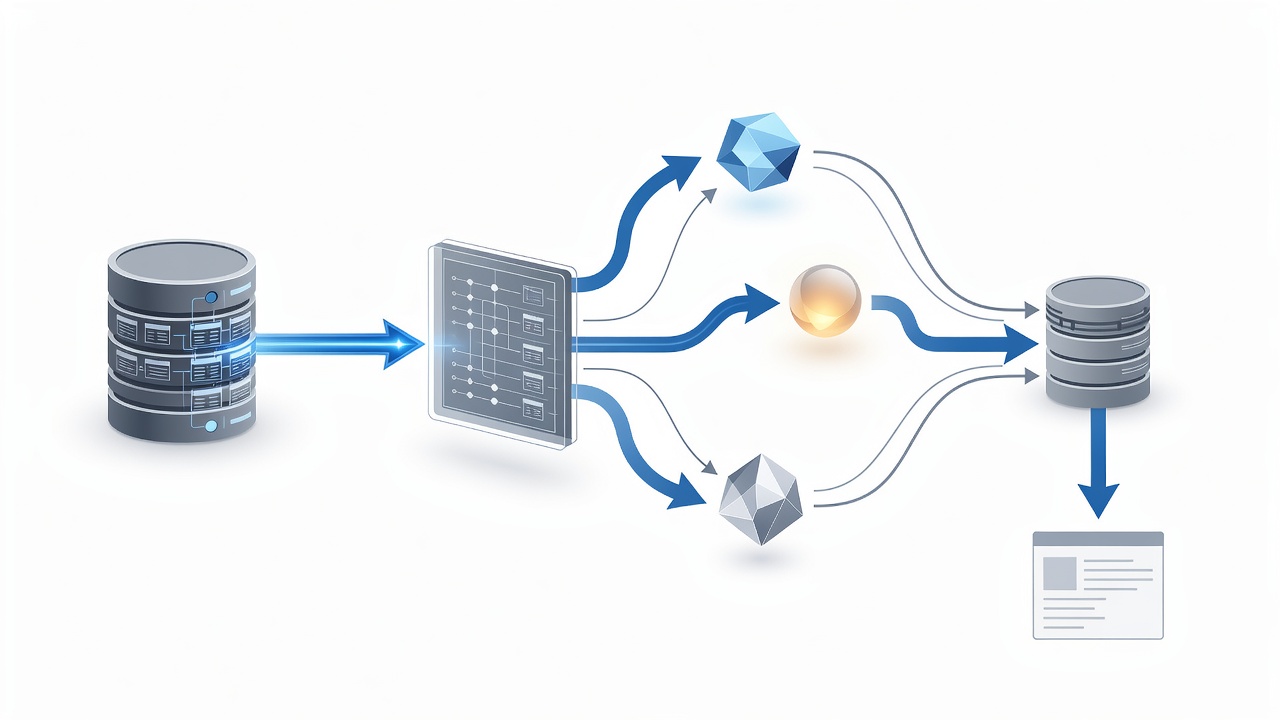 Clean technical diagram showing WordPress database feeding into RAG retrieval layer, then branching to Gemini, GPT-4o and Grok models before structured output returns to WP editor
