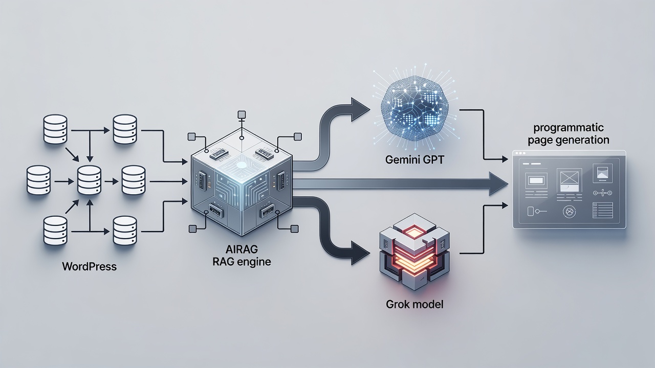 Clean technical diagram showing WordPress database tables feeding into AIRAG RAG engine, then branching to Gemini GPT and Grok model outputs for programmatic page generation