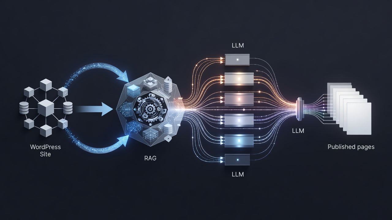 Clean technical diagram showing WordPress site data flowing into RAG indexing engine then into multi-LLM content generation pipeline with output to published pages