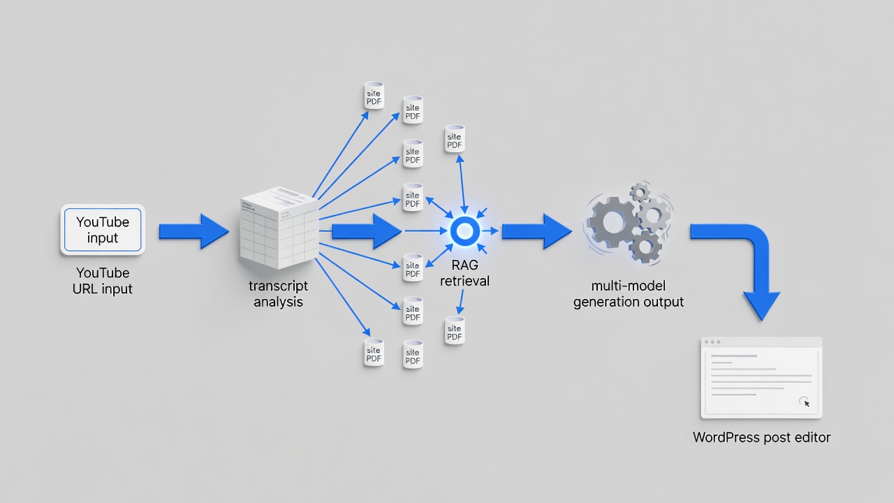 Clean technical flowchart showing YouTube URL input arrow leading to transcript analysis box, then RAG retrieval from site PDFs, followed by multi-model generation output into WordPress post editor